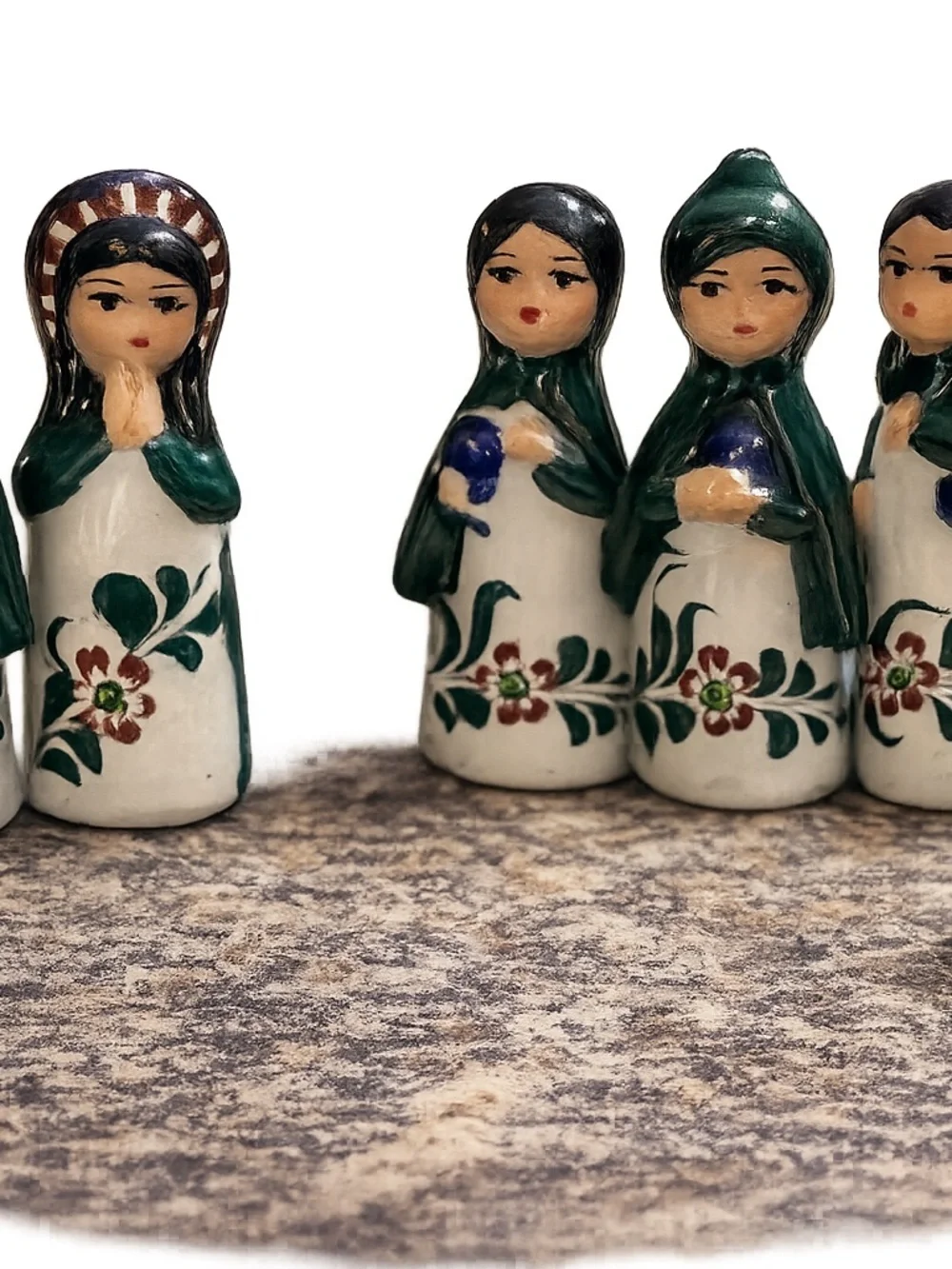 Hand-Painted Ceramic Nativity Figures in Cream and Green